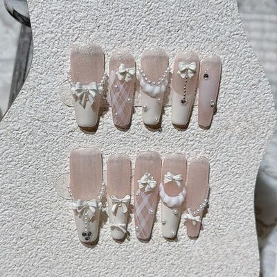 Cute 3D Pearl Bow French Handmade Press On Nails Sweet Plaid