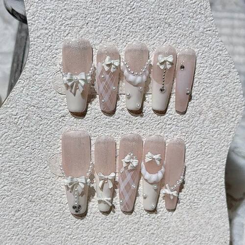 Cute 3D Pearl Bow French Handmade Press On Nails Sweet Plaid