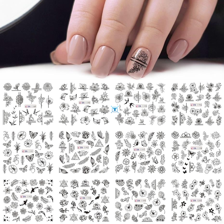 12pcs mix black flower nail art sticker decals hollow