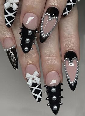 Black Cool Fake Nails Halloween Bat Press on Nails Almond De