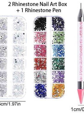 Kit 3 Rhinestone Nail Art Box Colorful Silver Stones + Rhine