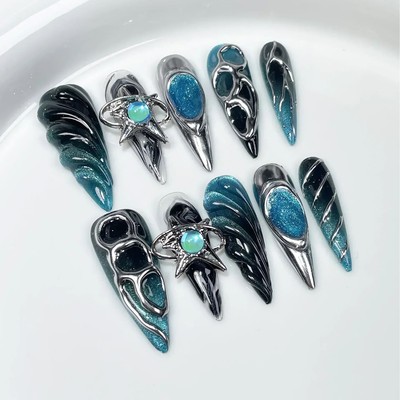 10pcs Stiletto Almond Press On Nails Dark Blue Cat Eye y2k F