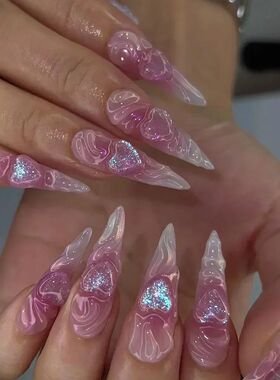24pcs glitter Pink almond stiletto press on acrylic nails wi