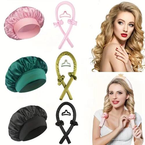 2pcs Heat Free Hair Curler Satin Silk Sleeping Cap Set Headw