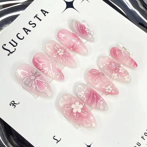 24pcs Gradient Pink Almond False Nail Tips Wearable Cat's Ey