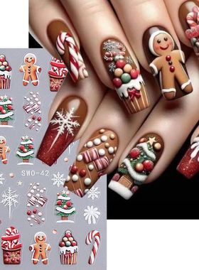 5D Embossed Christmas Nail Stickers Gingerbread Man Snowflak