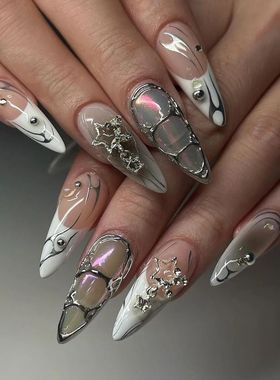 24pcs Punk Cool Fake Nails Almond French False Nail Patches