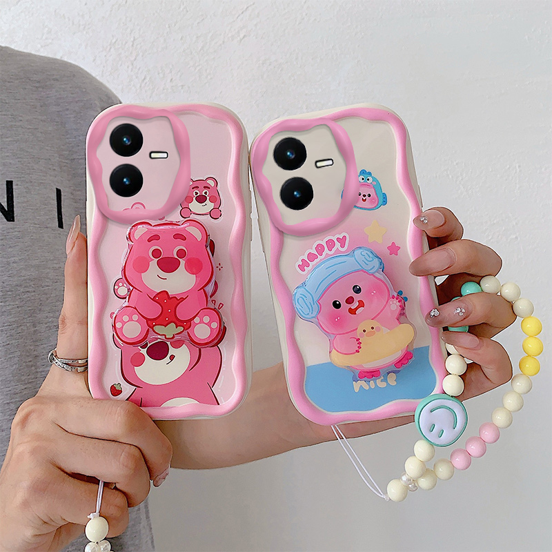 适用vivo Y22 4G手机壳日韩搞怪少女vivi y22草莓熊vovo y22保护套vlvo y22时尚可爱女生vibo y22手链支架潮