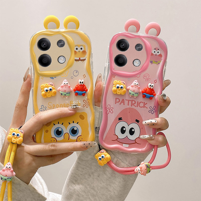 立体耳朵适用红米Note135G手机壳海绵宝宝Note13Pro5G派大星公仔奶油纹软边趣味可爱壳