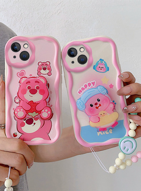 适用苹果14plus手机壳日韩可爱女iphone 14硅胶时尚学生ihpone 14promax保护套ins风草莓熊pg 14pro手链支架