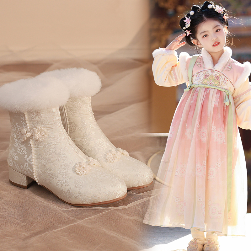 女童靴子秋冬季高跟汉服鞋古风儿童短靴加绒绣花礼服鞋旗袍雪地靴
