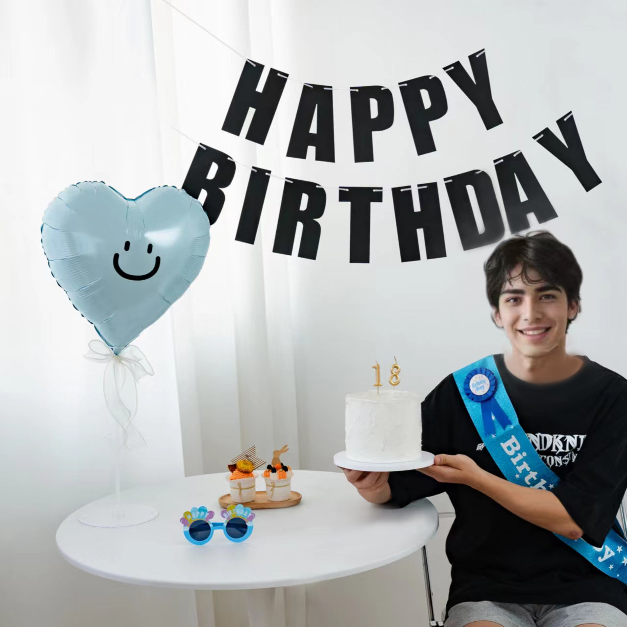 ins风生日气球派对男朋友男装饰场景布置数字气球肩带蓝色系布置