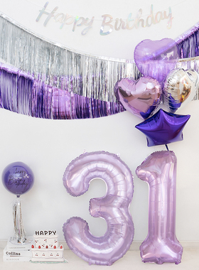 新款紫色生日布置水晶紫色数字气球流苏雨丝帘拉旗横幅背景墙装饰