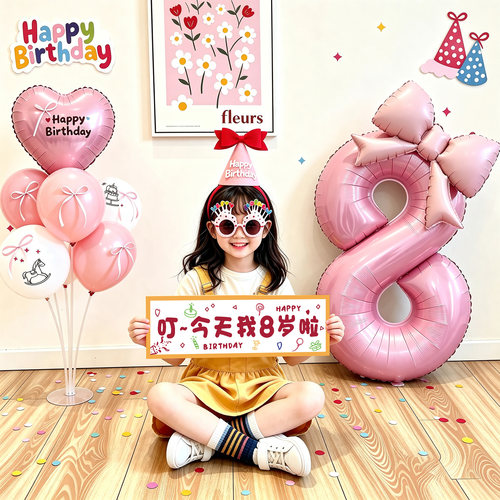 8岁女孩生日蝴蝶结数字气球套装