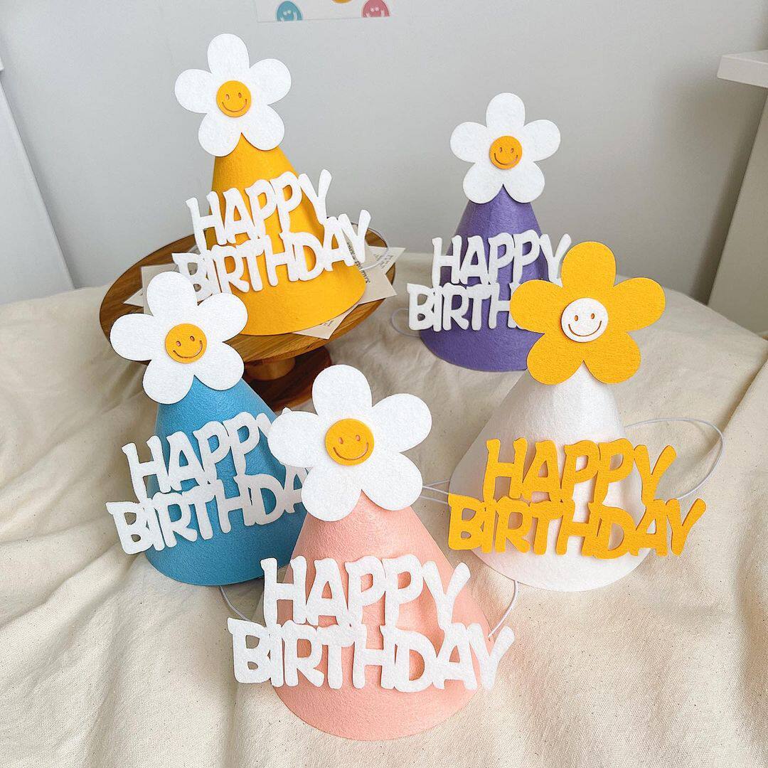 韩式ins风简约毛毡生日帽haappy birthday生日帽宝宝周岁氛围烘托