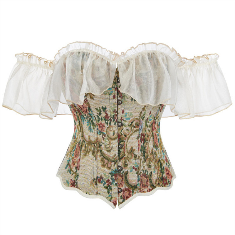 新款无肩带骨衣前排扣修身女士紧身外穿舞会一字肩拼接袖塑身上衣