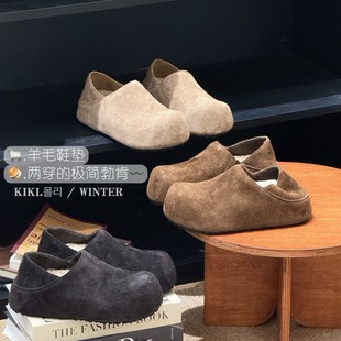 两穿内增高加绒加厚毛拖 2025秋冬新款 羊毛垫 极简row风勃肯半拖鞋