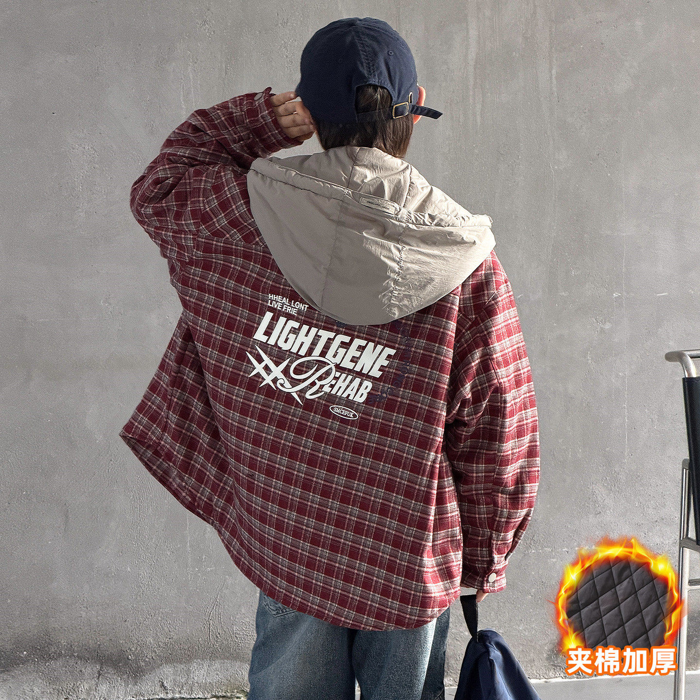 男童秋冬加厚格子连帽棉服