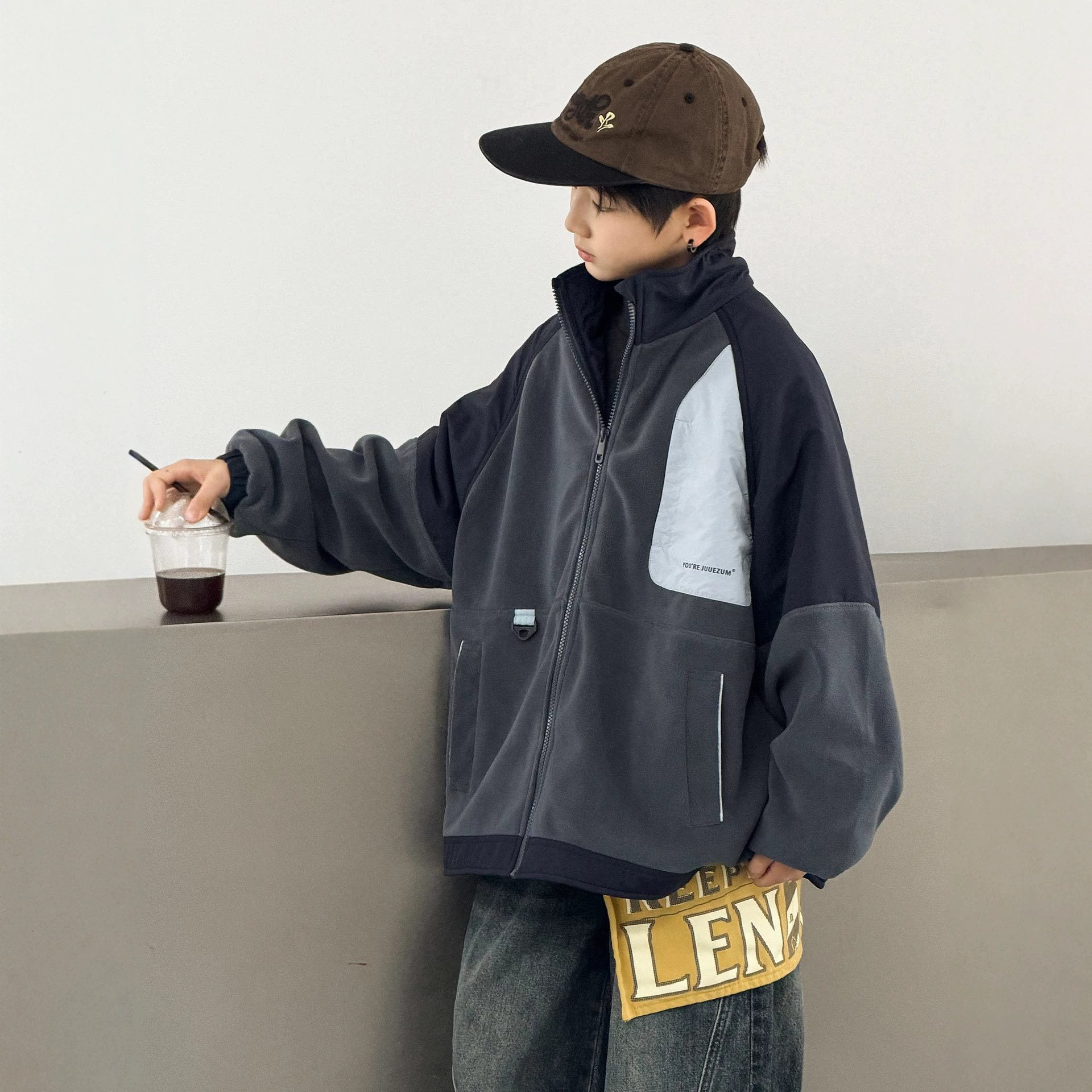 跃趣男童加绒立领摇粒绒夹克