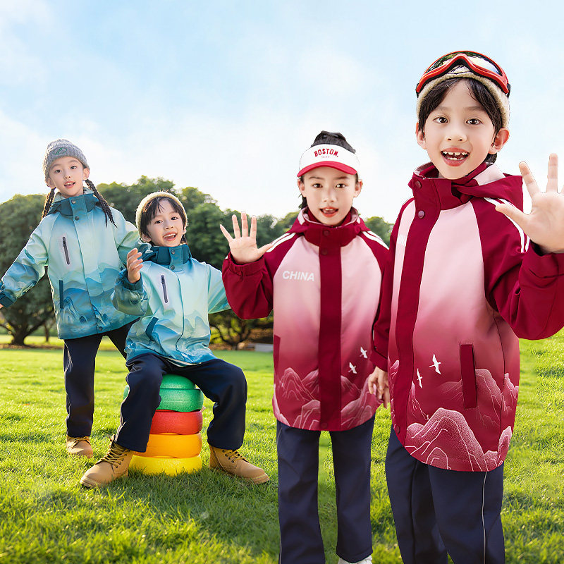 校服中国风冲锋衣运动服套装班服秋冬款国潮小学生幼儿园园服红色