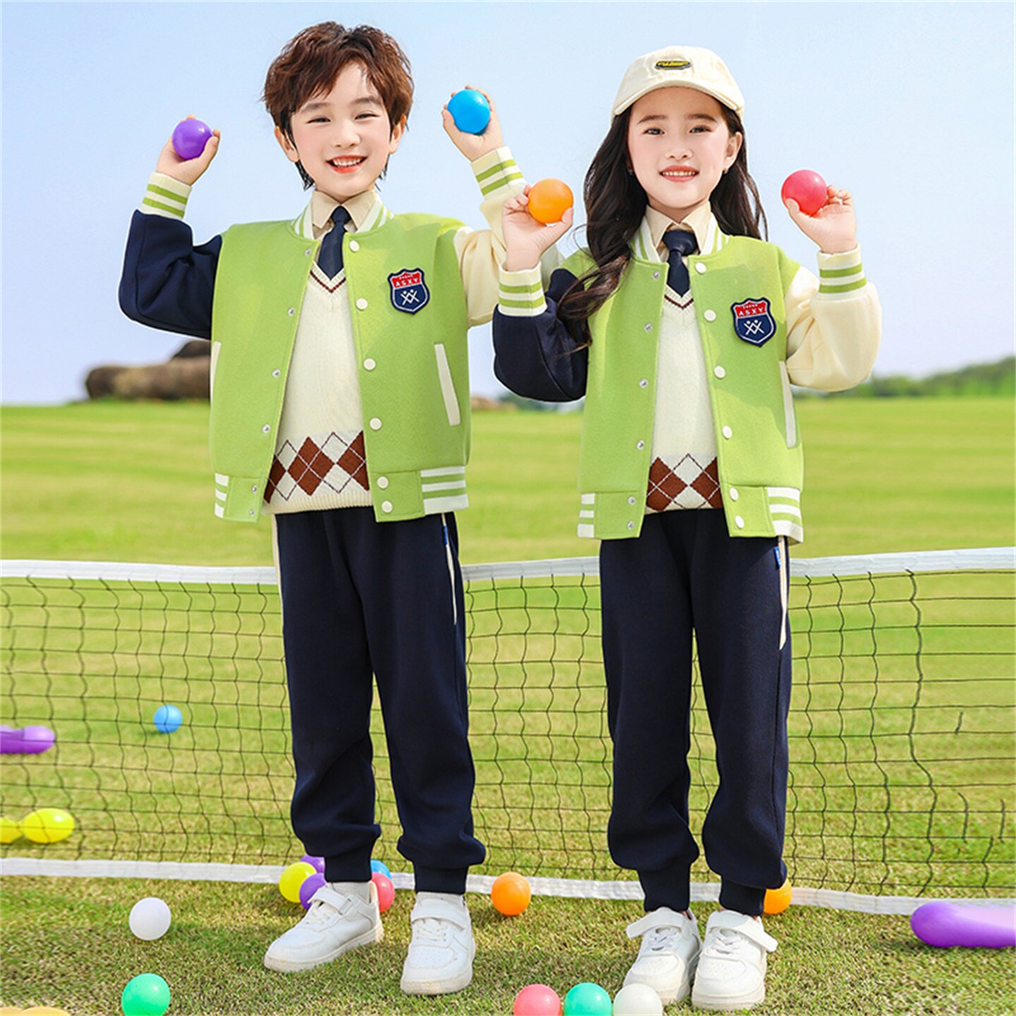 绿色班服小学生校服春秋装三件套儿童棒球服套装英伦风幼儿园园服图片