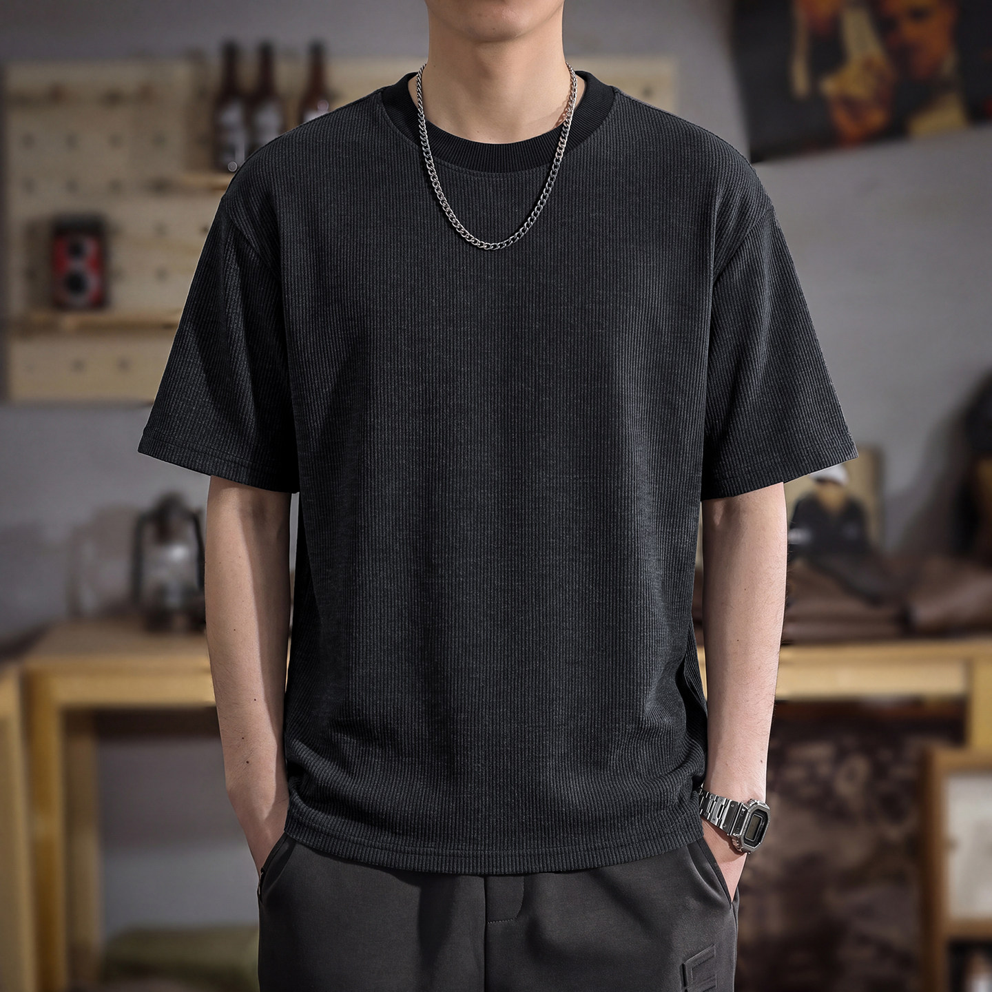 夏季重磅竖条纹肌理感男士短袖T恤2026新款老钱风通勤大尺码半袖