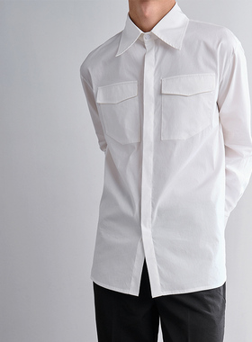 MM白色衬衫男长袖春秋小众设计感双口袋外穿内搭无性别穿搭衬衣
