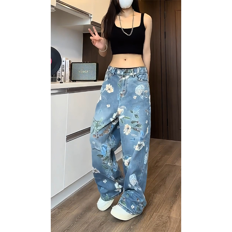 thumbnail for Old traditional floral print jeans for men and women, summer American retro fashion brand niche design sense wide-leg slacks