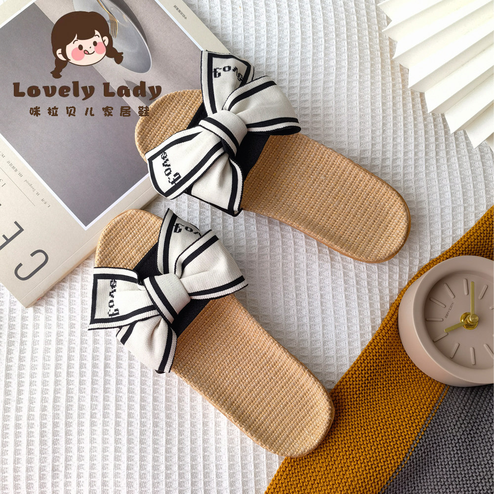 新款夏季亚麻小香风女款蝴蝶结居家轻便透气办公室家居室内凉拖鞋