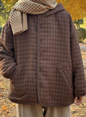 日系复古棋盘格大口袋挂扣圆领秋冬文艺百搭棉服保暖外套