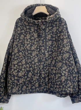 雪蓝杉碎花连帽棉衣女宽松通勤文艺复古遮肉显瘦棉服外套