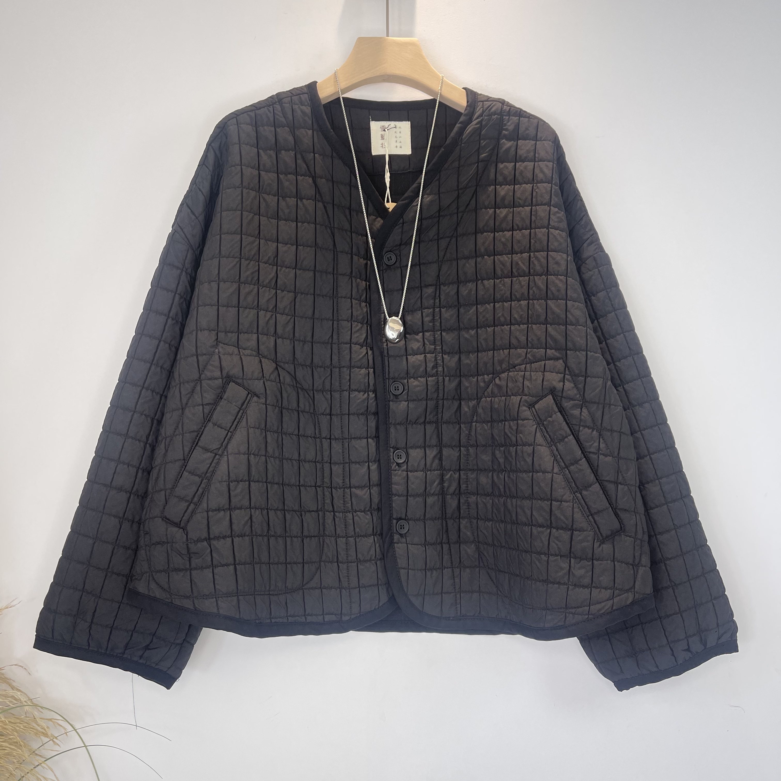 日系复古格子大口袋挂扣圆领超好看女文艺百搭外套超轻保暖棉服