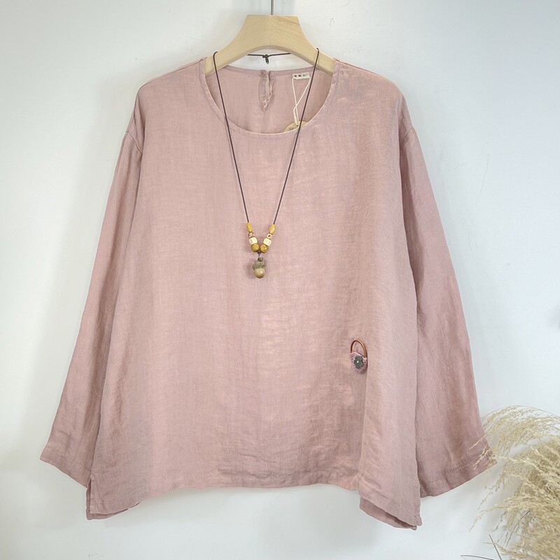 粉色亚麻圆领长袖汉服衬衫