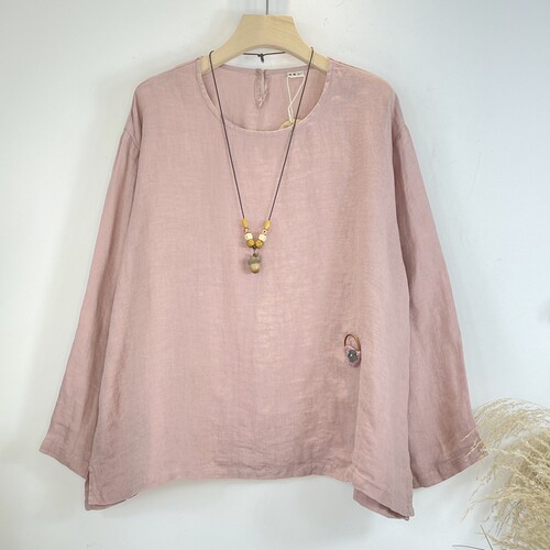 粉色亚麻圆领长袖汉服衬衫