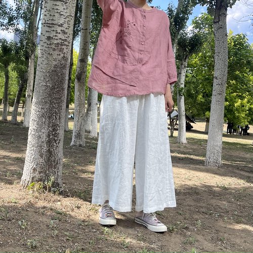 长裤阔腿裤松紧腰休闲裤女麻裤子