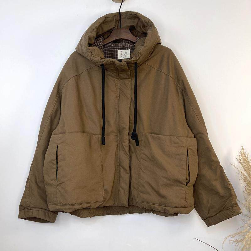 2025新款工装轻薄棉服女秋冬大码阔版口袋拼接网红短款连帽棉衣