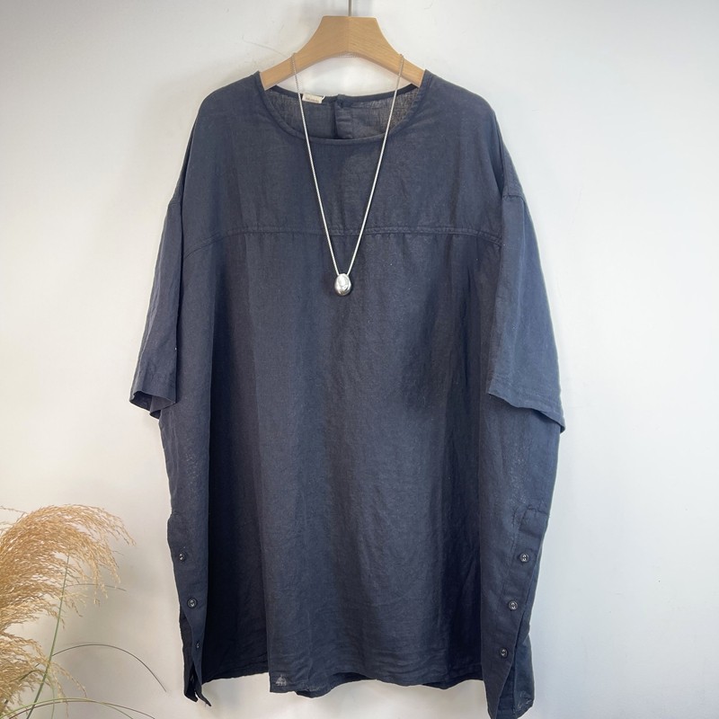 老钱风黑色织亚麻休闲布衣套头百搭宽松原创大码短袖上衣连衣裙,女装/女士精品,衬衫,淘宝优惠券,粉丝福利购,淘宝优惠卷