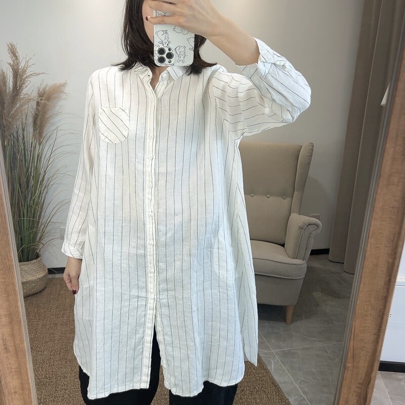 亚麻长袖长款衬衫女加长款