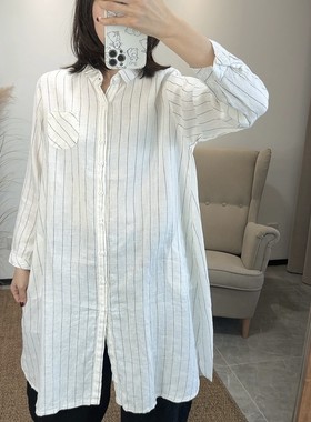 亚麻长袖长款衬衫女加长款