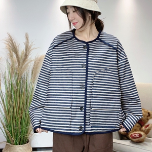 条纹超轻柔软棉服新款轻薄复古夹棉外套文艺复古棉衣宽松显瘦棉服