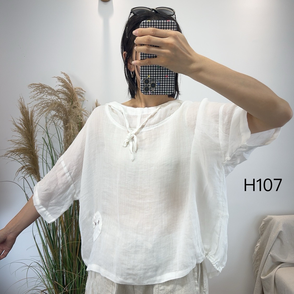 亚麻中袖连帽休闲宽松大码