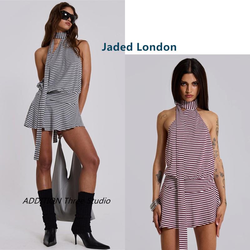 折扣 Jaded London 春夏款复古性感条纹挂脖围巾领带迷你连衣裙女