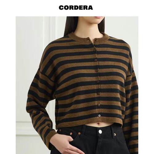 CORDERA 条纹拼色圆领单排扣宽松绵羊毛开襟针织衫