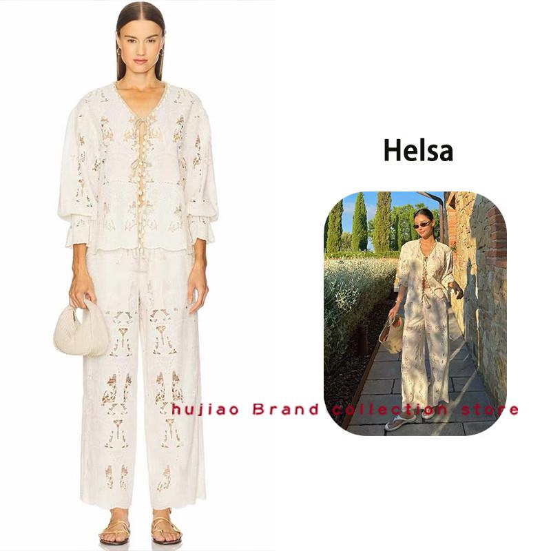 煳椒正品 Helsa 新款欧式蕾丝刺绣V领镂空衬衫直筒阔腿长裤套装