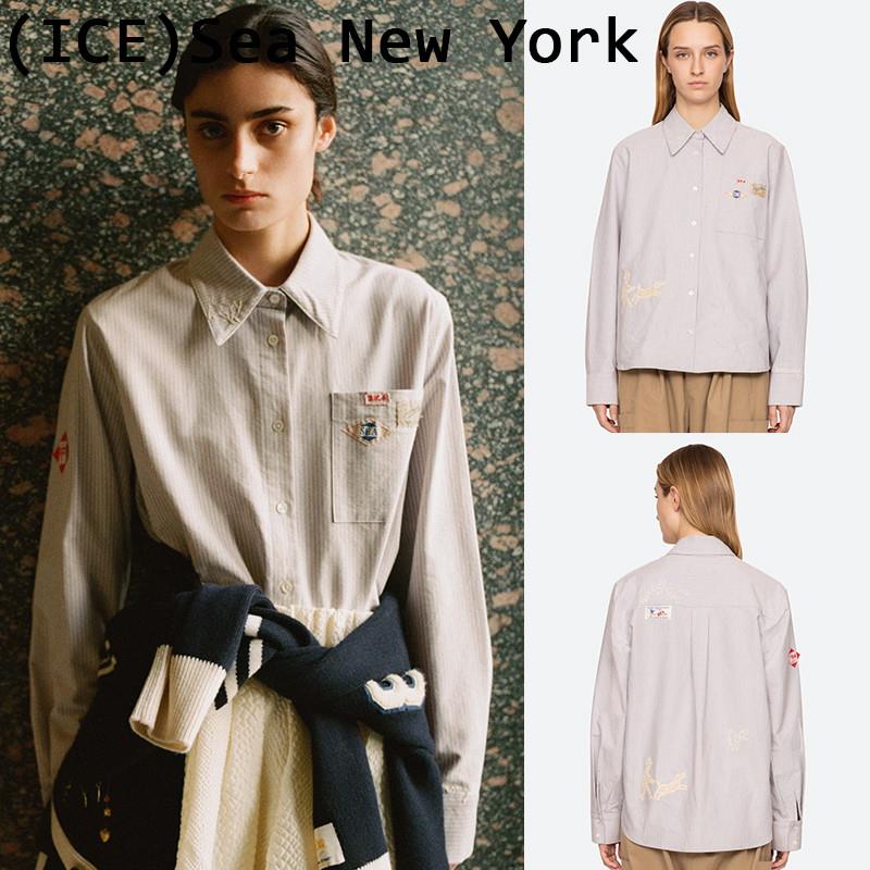 Ice买手店现货Sea New York衬衫25早秋新款贴花刺绣条纹衬衫上衣