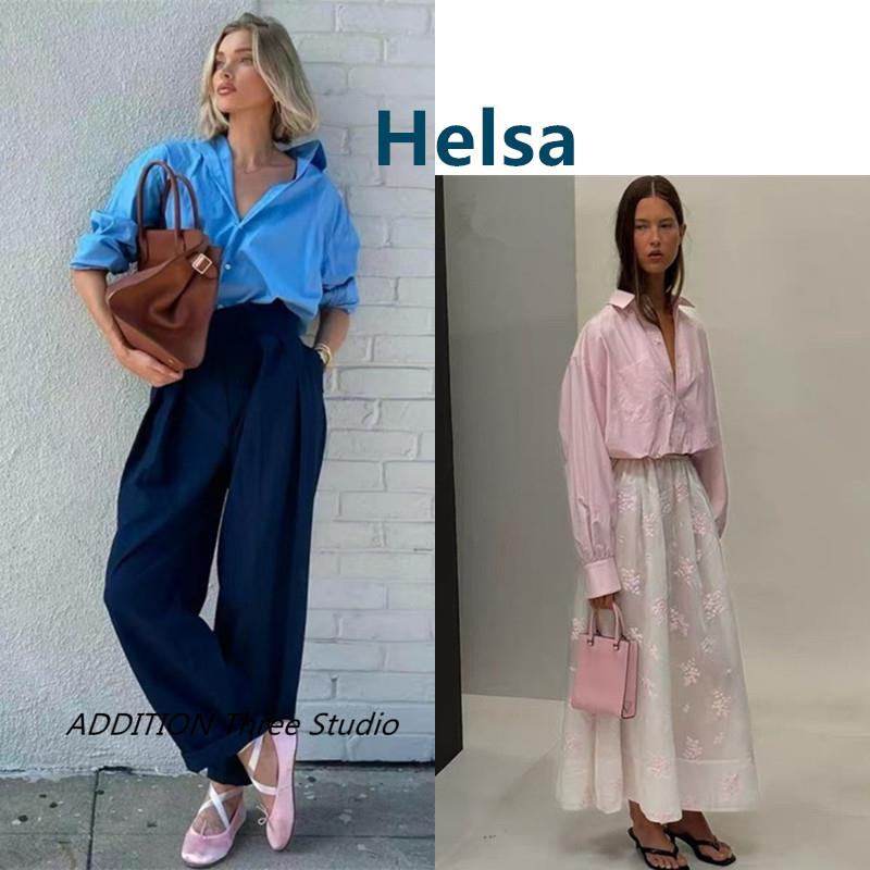 折扣 Helsa 春秋款气质纯色翻领花苞下摆长袖短款百搭长袖衬衫女
