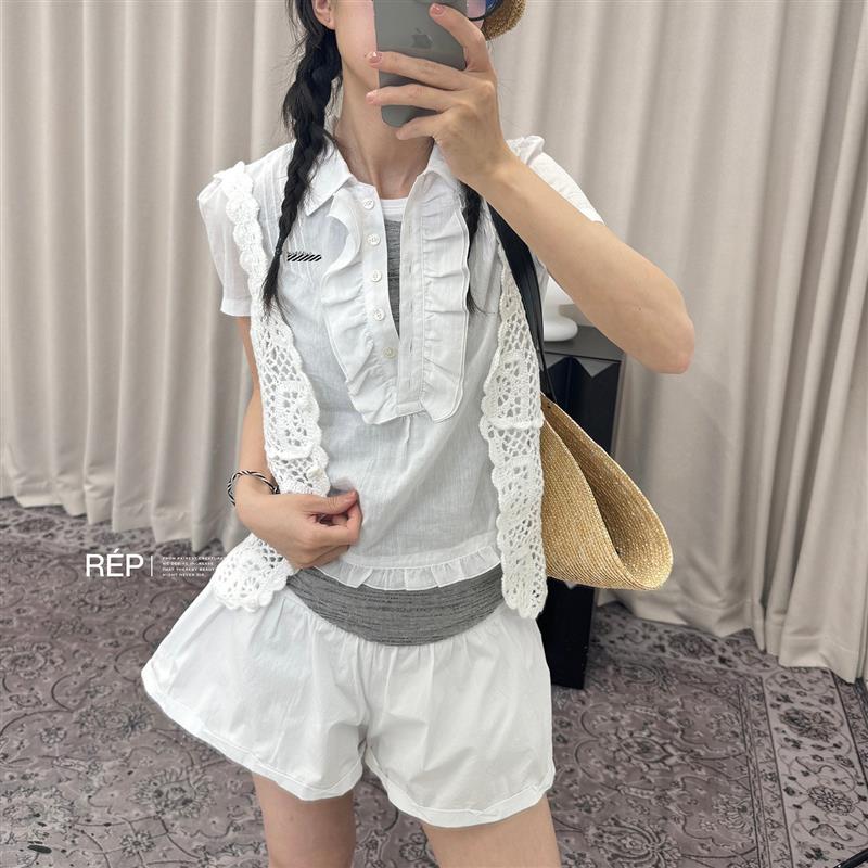 国现正品 OPEN YY 25夏季新款薄款微透视花边褶皱短袖衬衫短款T恤