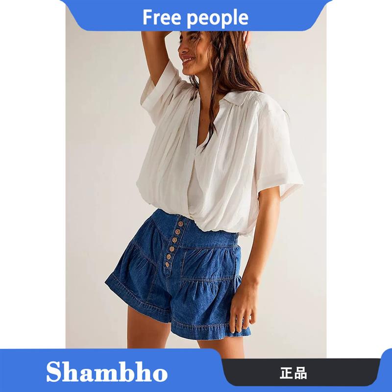 Shambho正品 Free people 牛仔风高腰短裤百搭修身显瘦钮扣装饰裤
