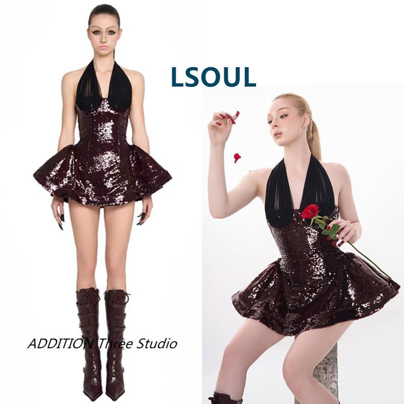 正品 LSOUL 25春夏新款性感酒红色挂脖式亮片A字蓬蓬短款连衣裙女