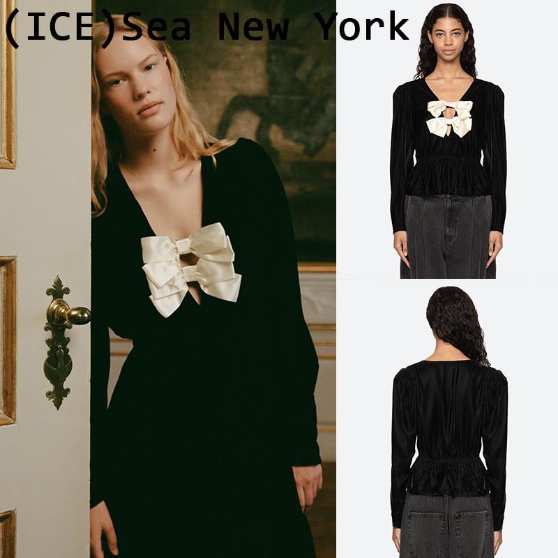 ice买手店正品现货Sea New York上衣天鹅绒缎面蝴蝶结V领洋装女